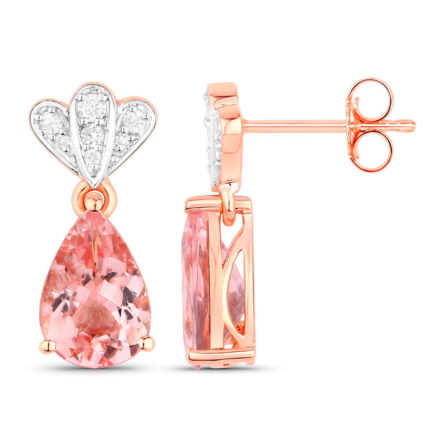 Pear Cut Morganite Drop Earrings Diamond Setting 3.1 Carats 14K Rose Gold For Sale