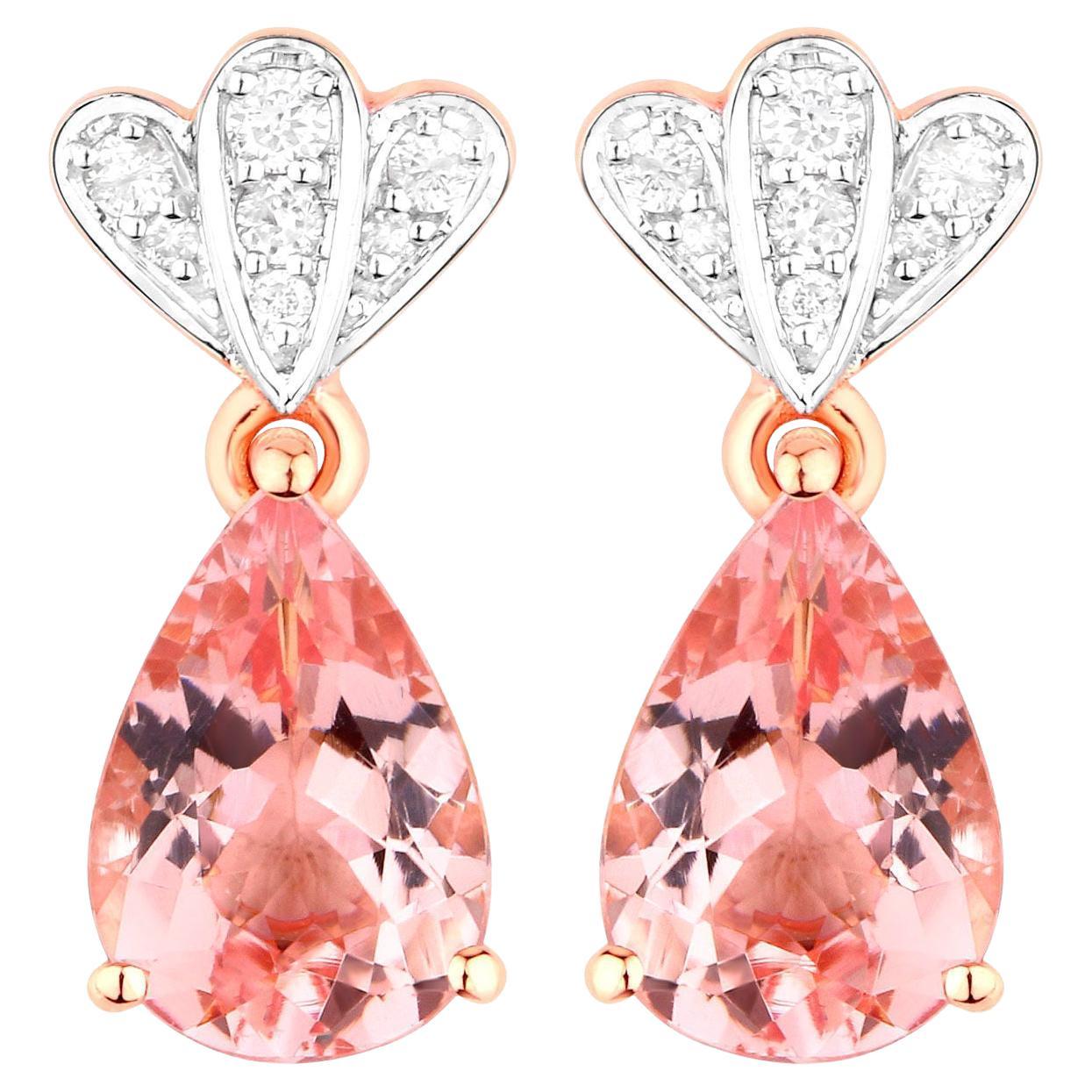 Morganite Drop Earrings Diamond Setting 3.1 Carats 14K Rose Gold