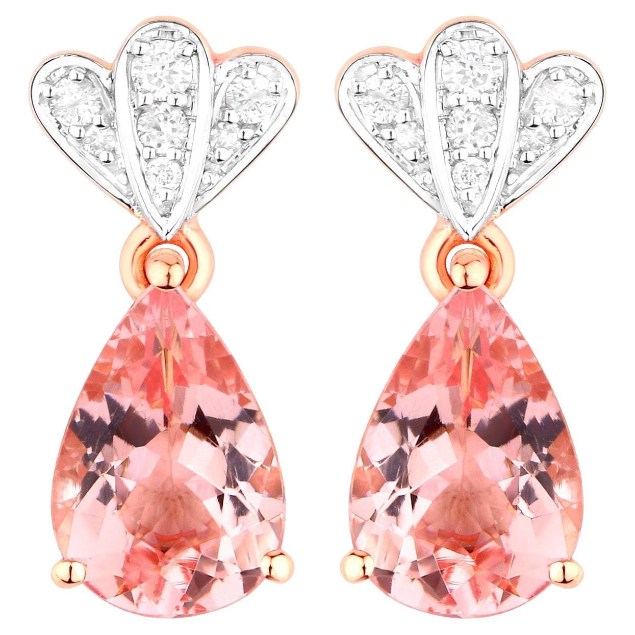 Morganite Drop Earrings Diamond Setting 3.1 Carats 14K Rose Gold For Sale