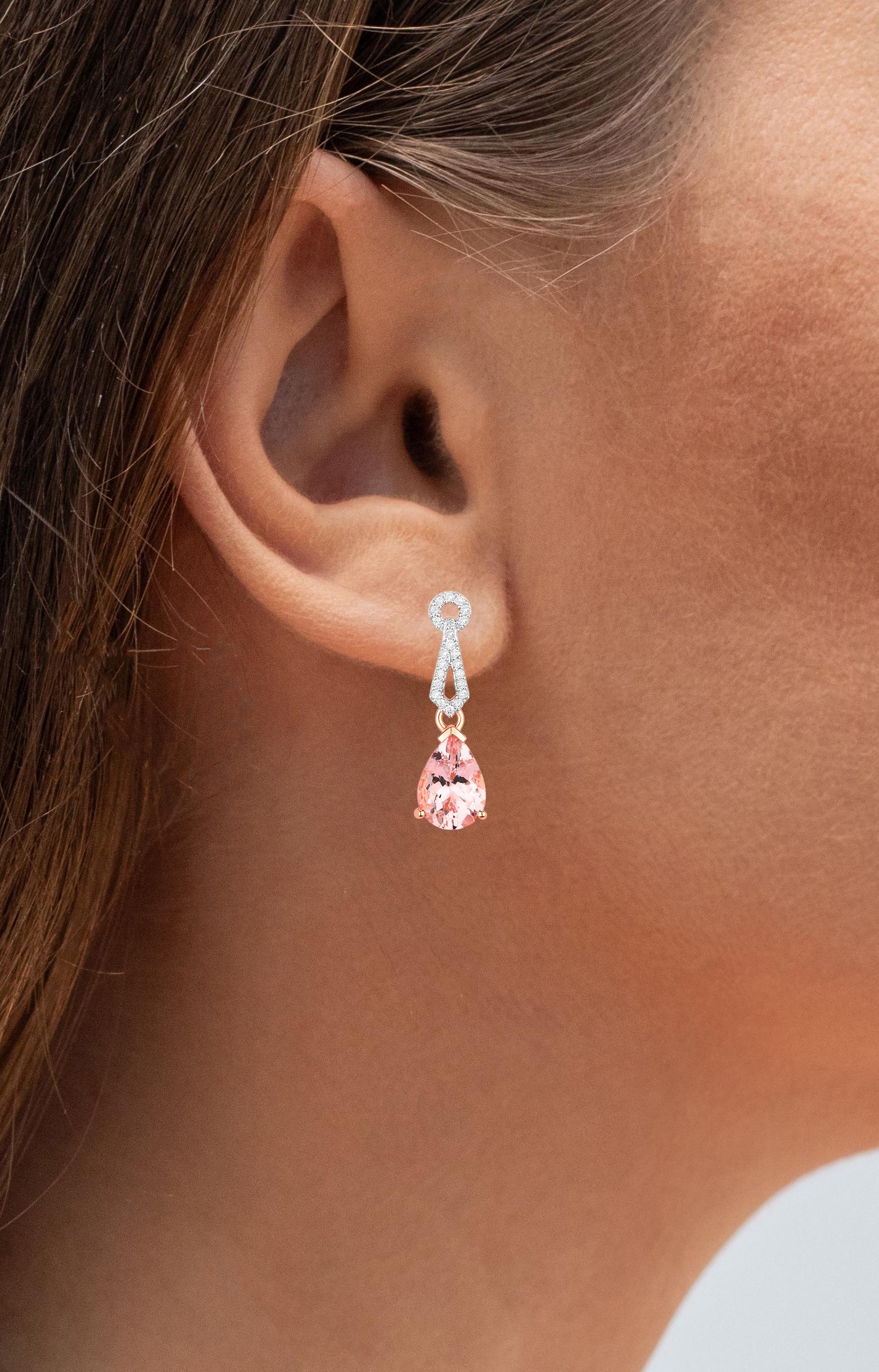 Contemporary Morganite Drop Earrings Diamond Settings 3.6 Carats Total 14K Gold For Sale