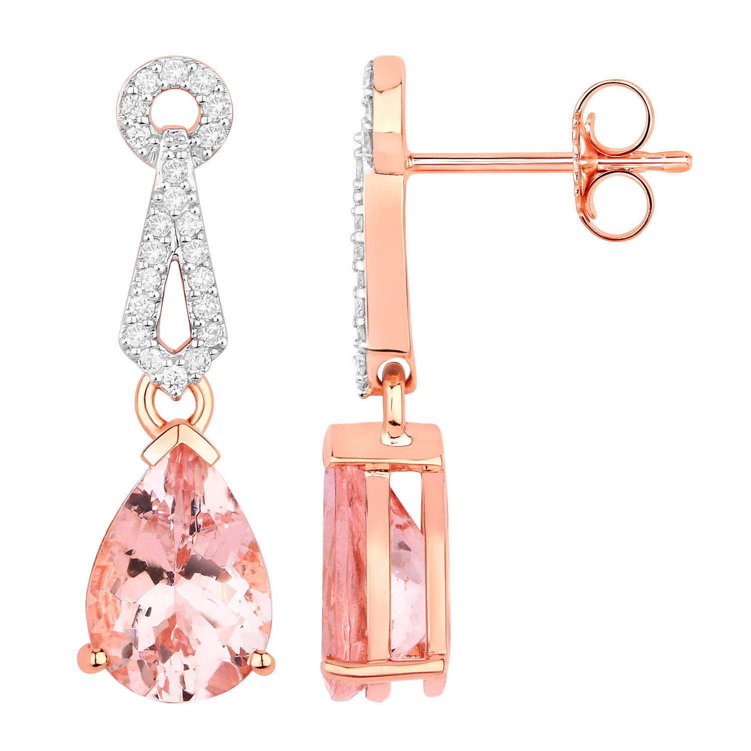Pear Cut Morganite Drop Earrings Diamond Settings 3.6 Carats Total 14K Gold For Sale