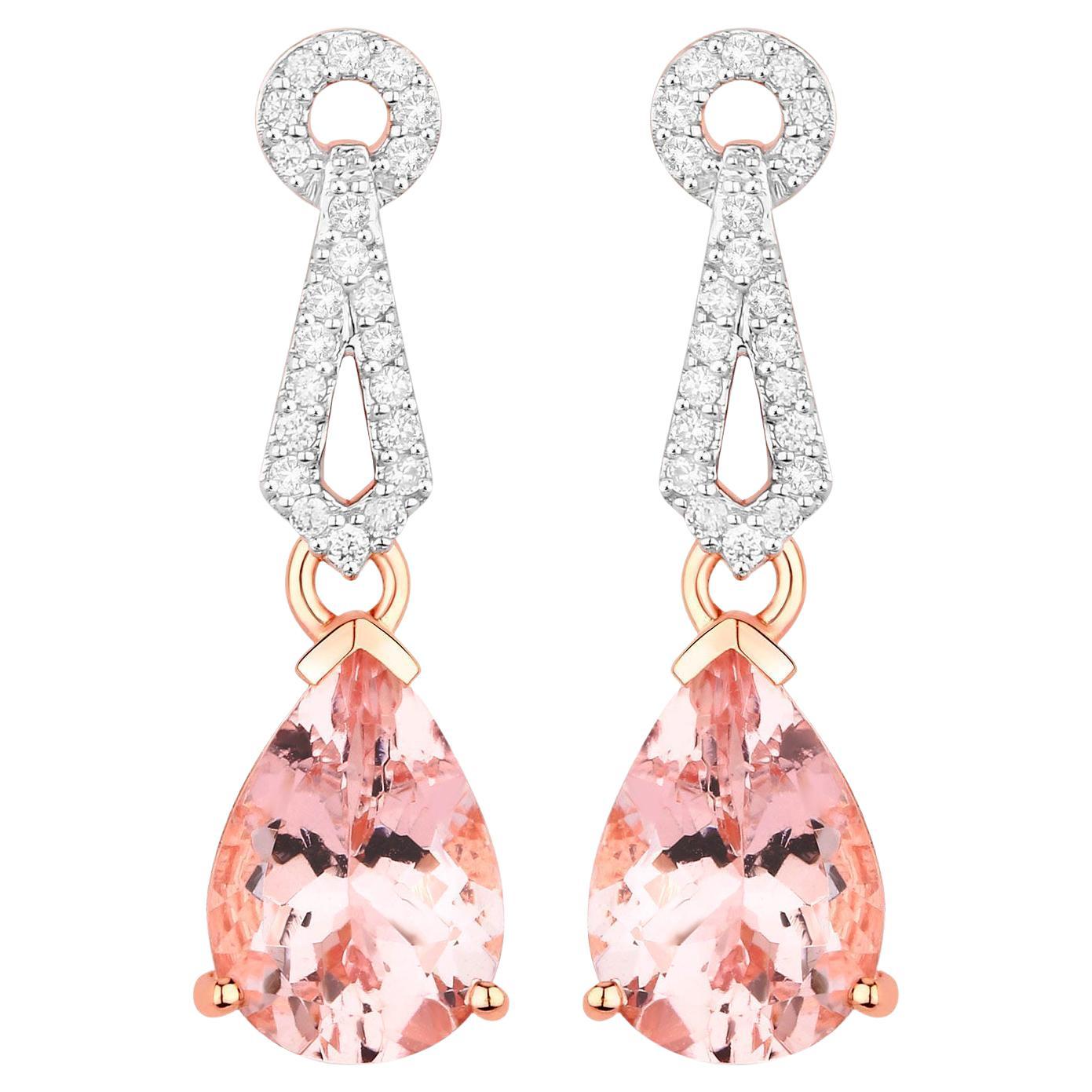 Morganite Drop Earrings Diamond Settings 3.6 Carats Total 14K Gold