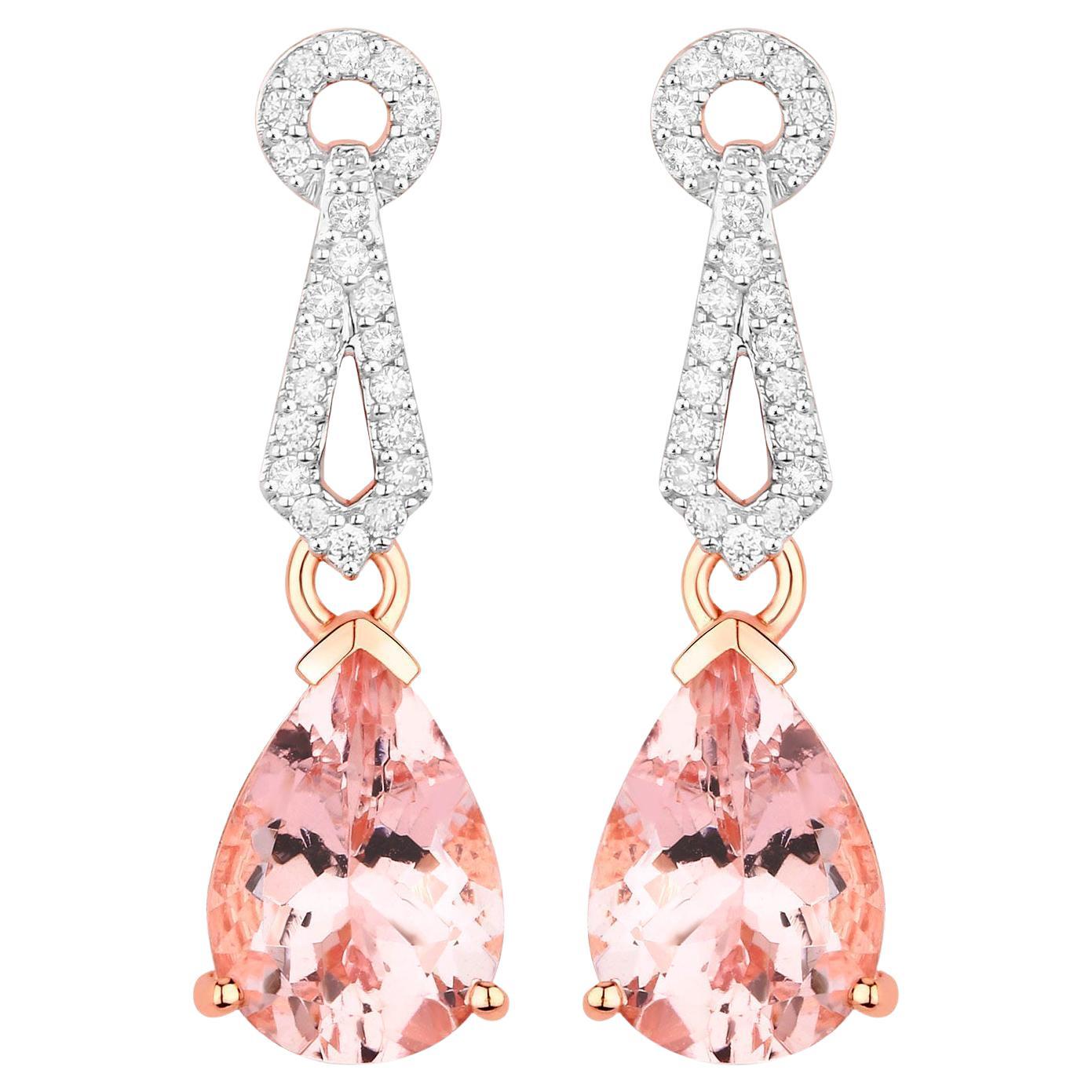 Morganite Drop Earrings Diamond Settings 3.6 Carats Total 14K Gold For Sale