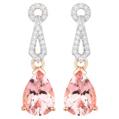 Morganite Drop Earrings Diamond Settings 3.6 Carats Total 14K Gold