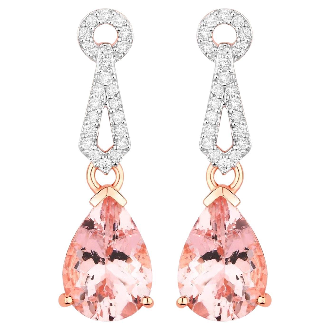 Morganite Drop Earrings Diamond Settings 3.6 Carats Total 14K Gold