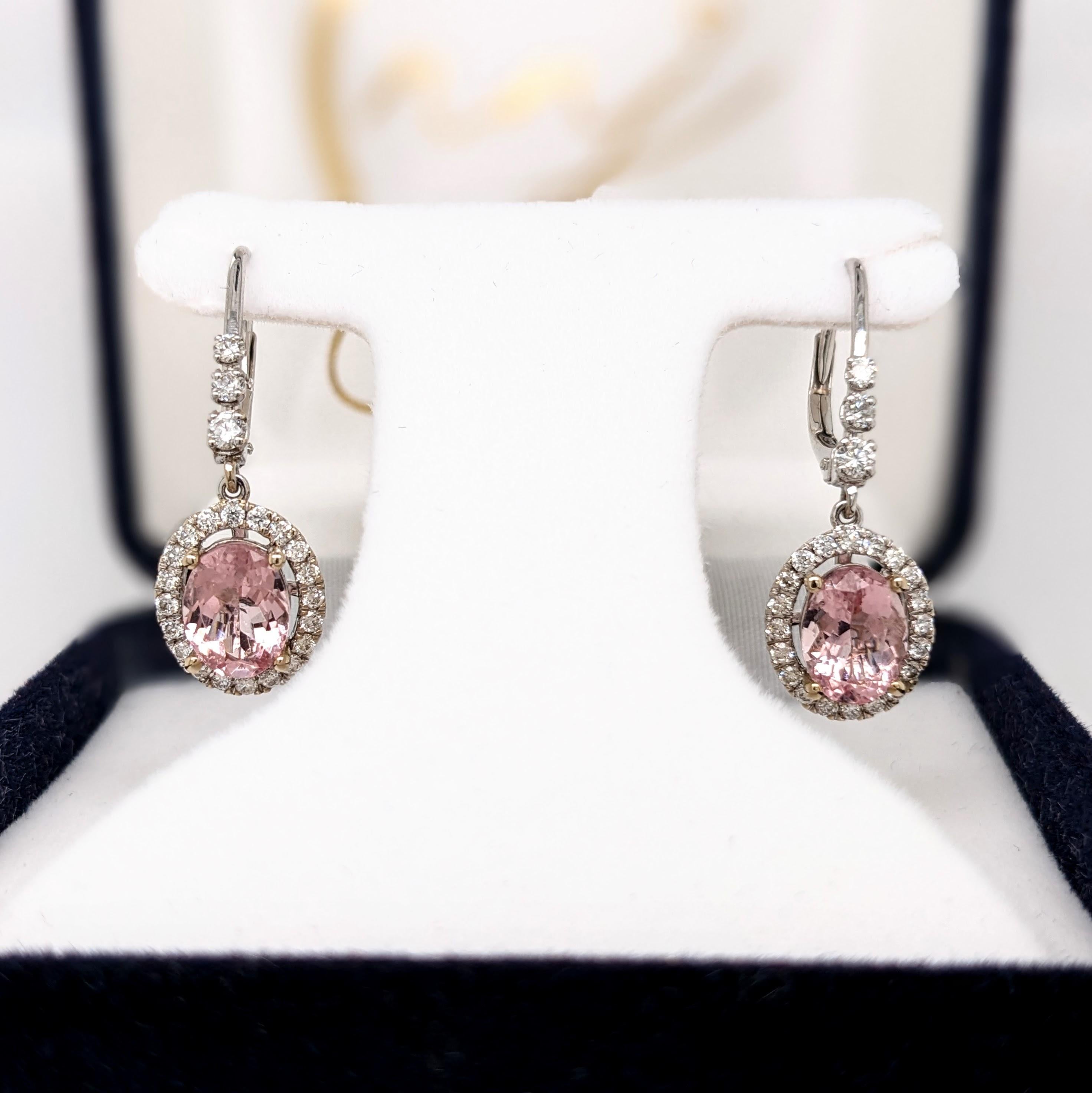 Women's Morganite Drop Earrings w Earth Mined Diamonds in Solid 14K Gold Oval 8x6 For Sale