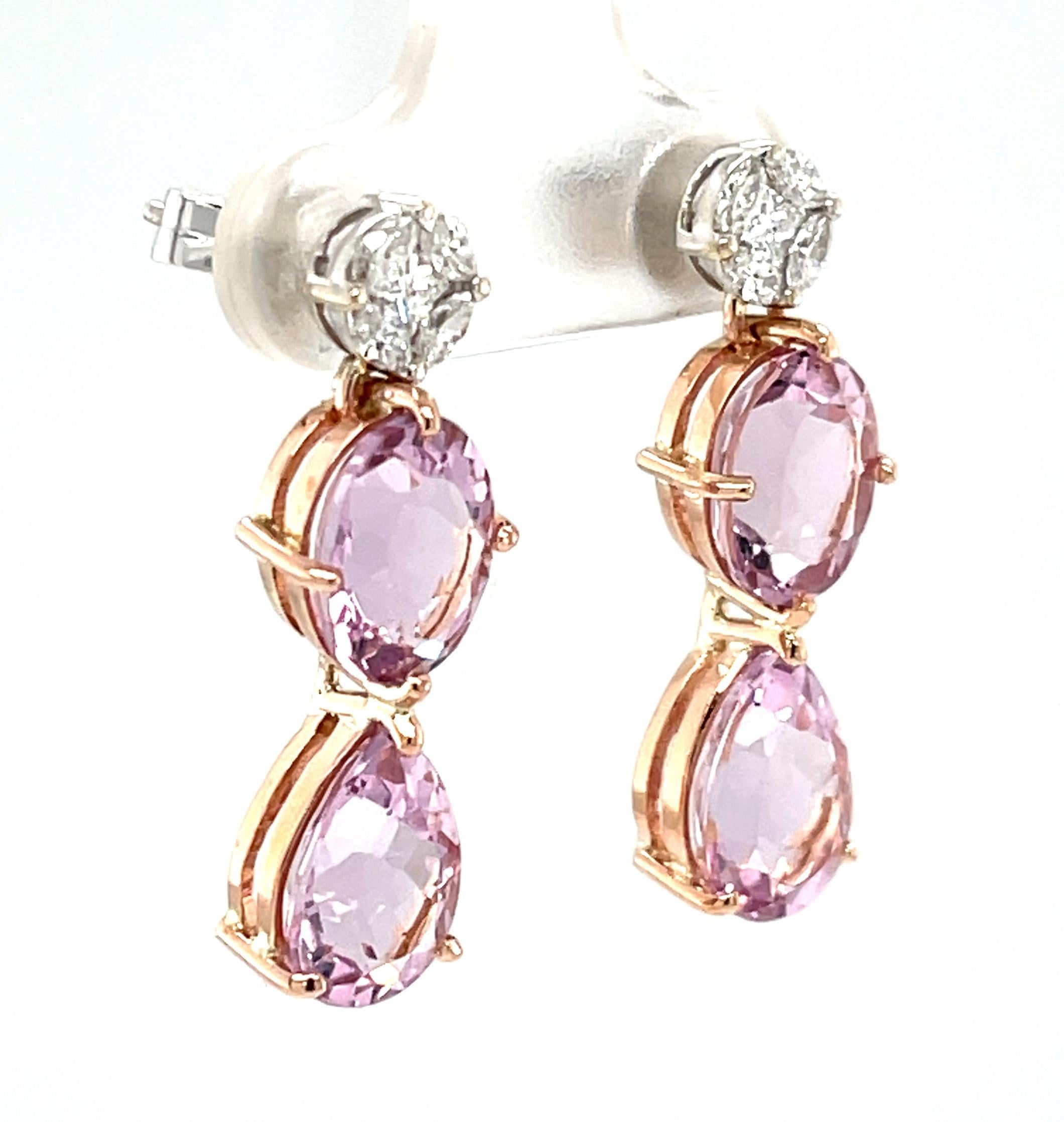 Artisan  Morganite Drop Post Earrings with Diamond Tops in 18k Rose and White Gold For Sale
