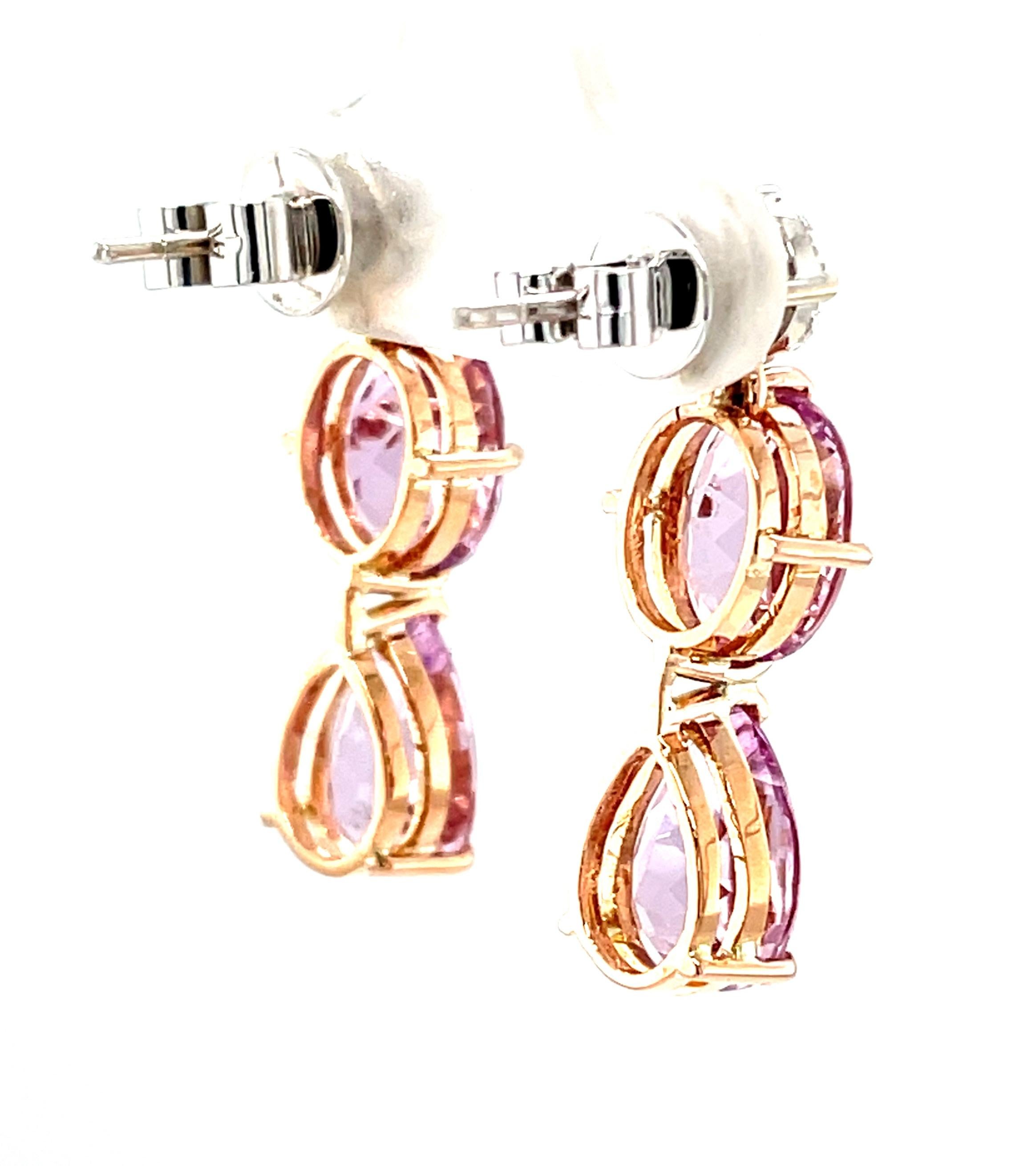  Morganite Drop Post Earrings with Diamond Tops in 18k Rose and White Gold In New Condition For Sale In Los Angeles, CA