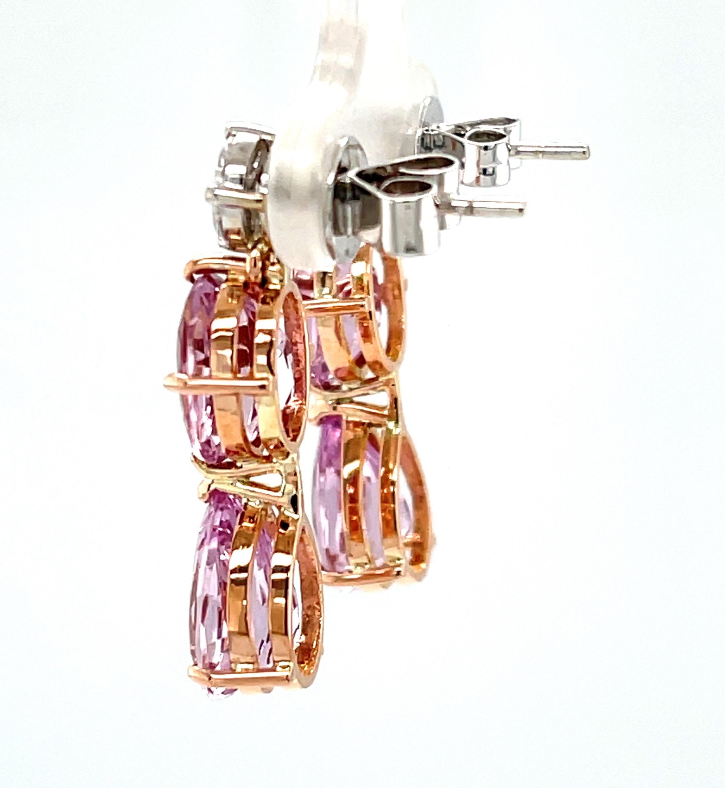 Women's  Morganite Drop Post Earrings with Diamond Tops in 18k Rose and White Gold For Sale