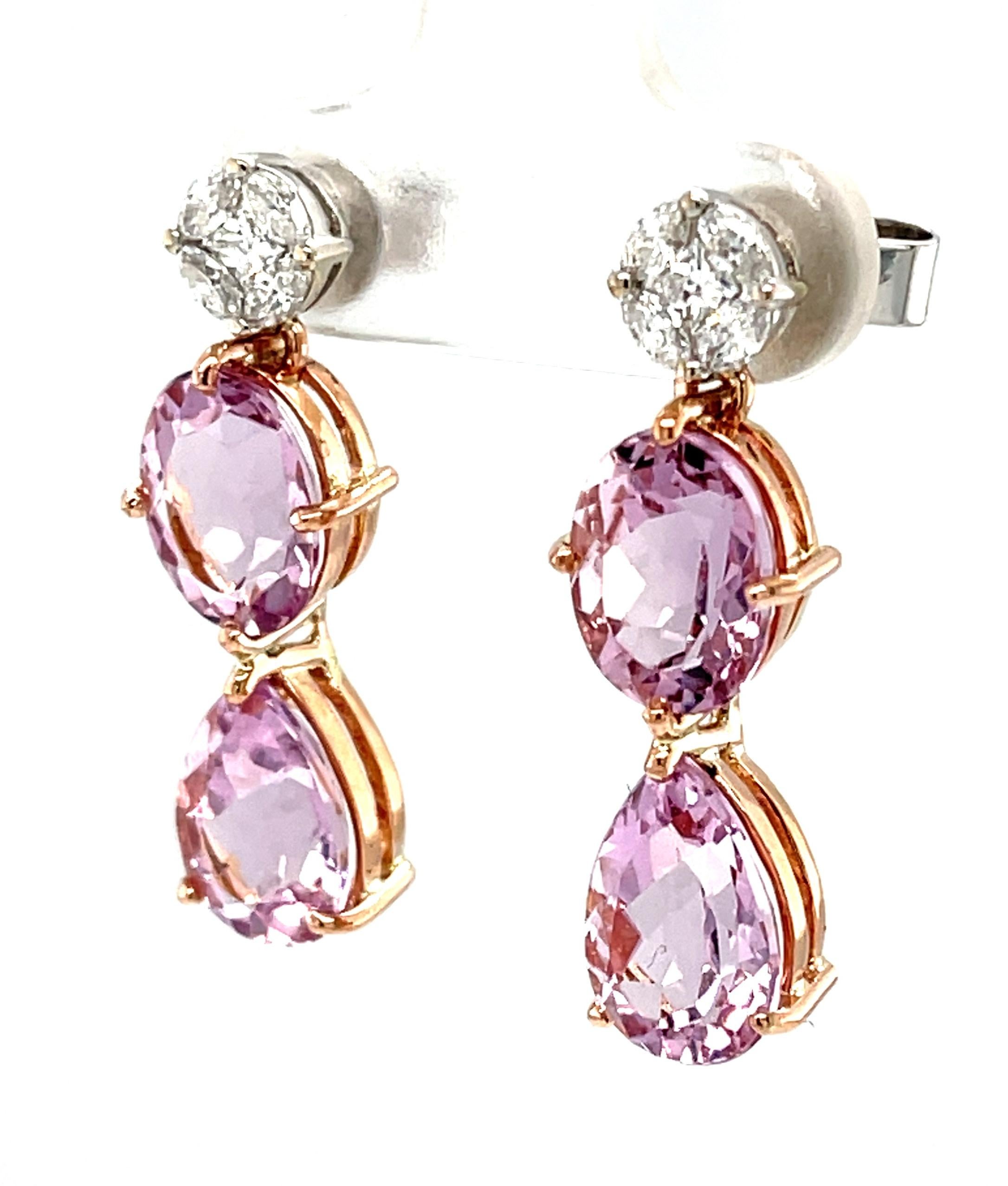  Morganite Drop Post Earrings with Diamond Tops in 18k Rose and White Gold For Sale 1
