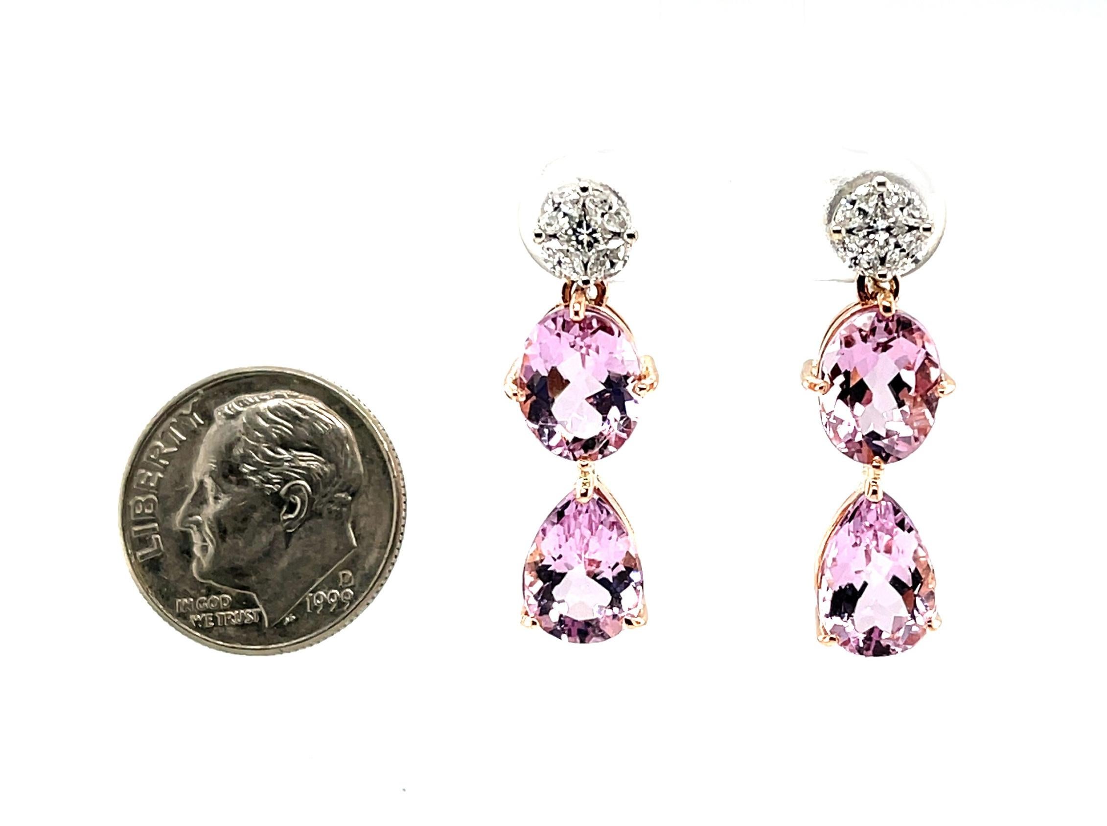  Morganite Drop Post Earrings with Diamond Tops in 18k Rose and White Gold For Sale 2