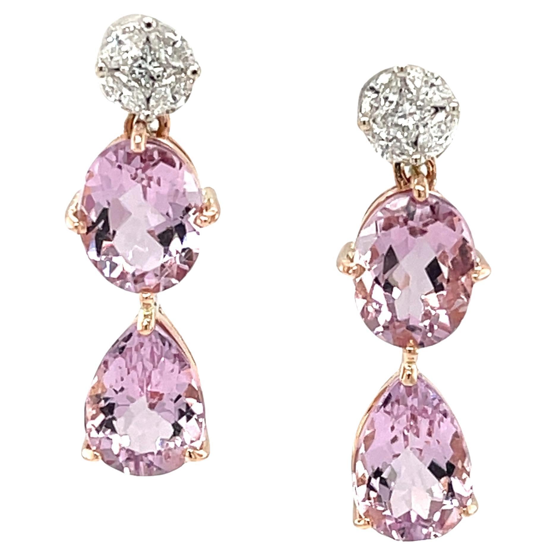  Morganite Drop Post Earrings with Diamond Tops in 18k Rose and White Gold For Sale