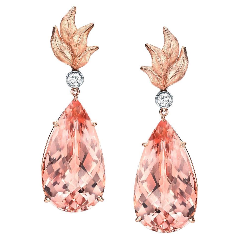 Morganite Earrings Pear Shapes 31.63 Carats 18K Rose Gold Diamonds - Luxury Gift