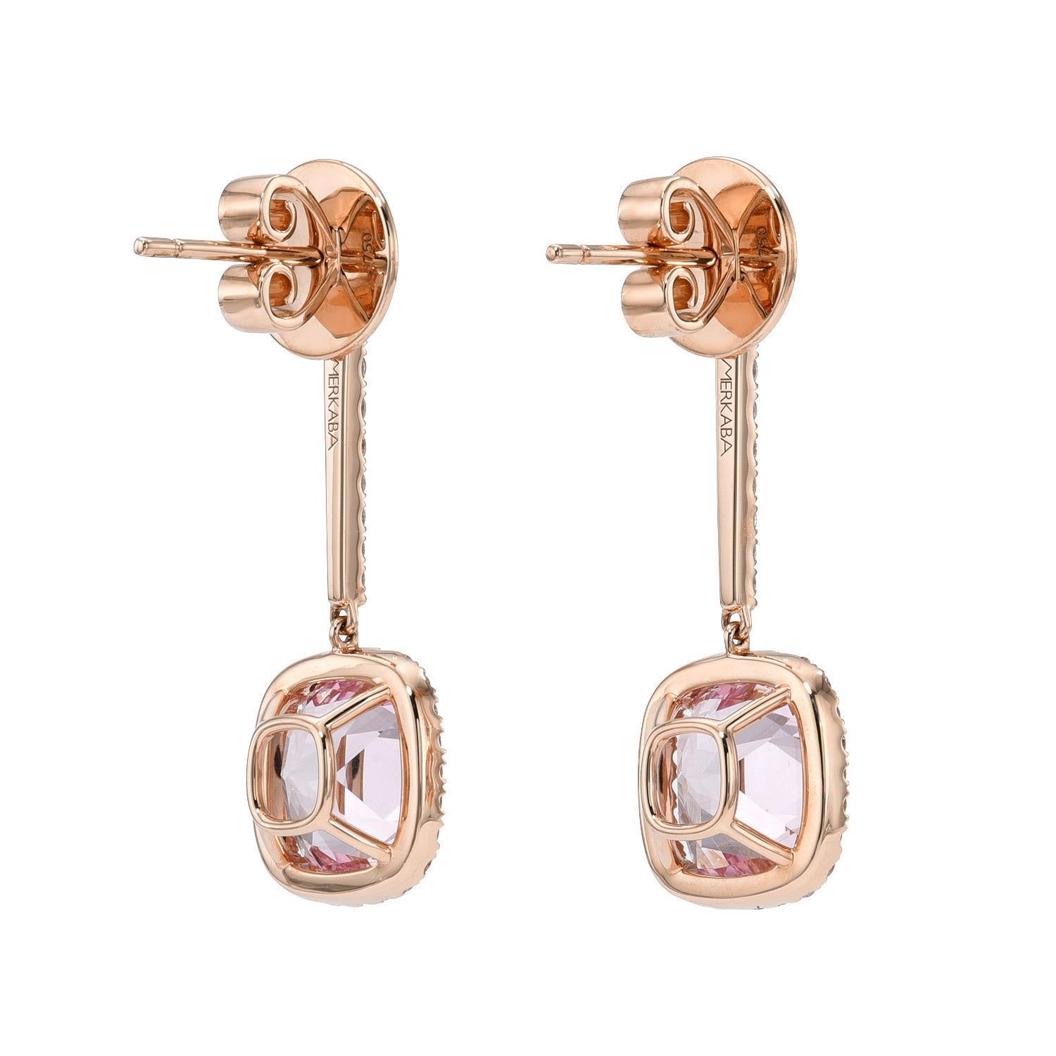 Very bright pair of 5.02 carat Morganite cushion, 18K rose gold earrings, decorated with a total of 0.73 carat round brilliant diamonds.
Returns are accepted and paid by us within 7 days of delivery.

Please FOLLOW the MERKABA storefront to be the