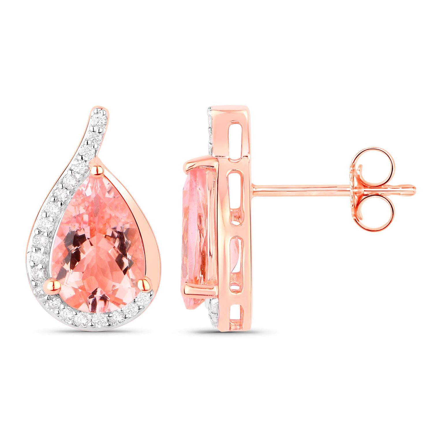 Taglio a goccia Orecchini di morganite con diamanti 2,42 carati in oro rosa 14K in vendita