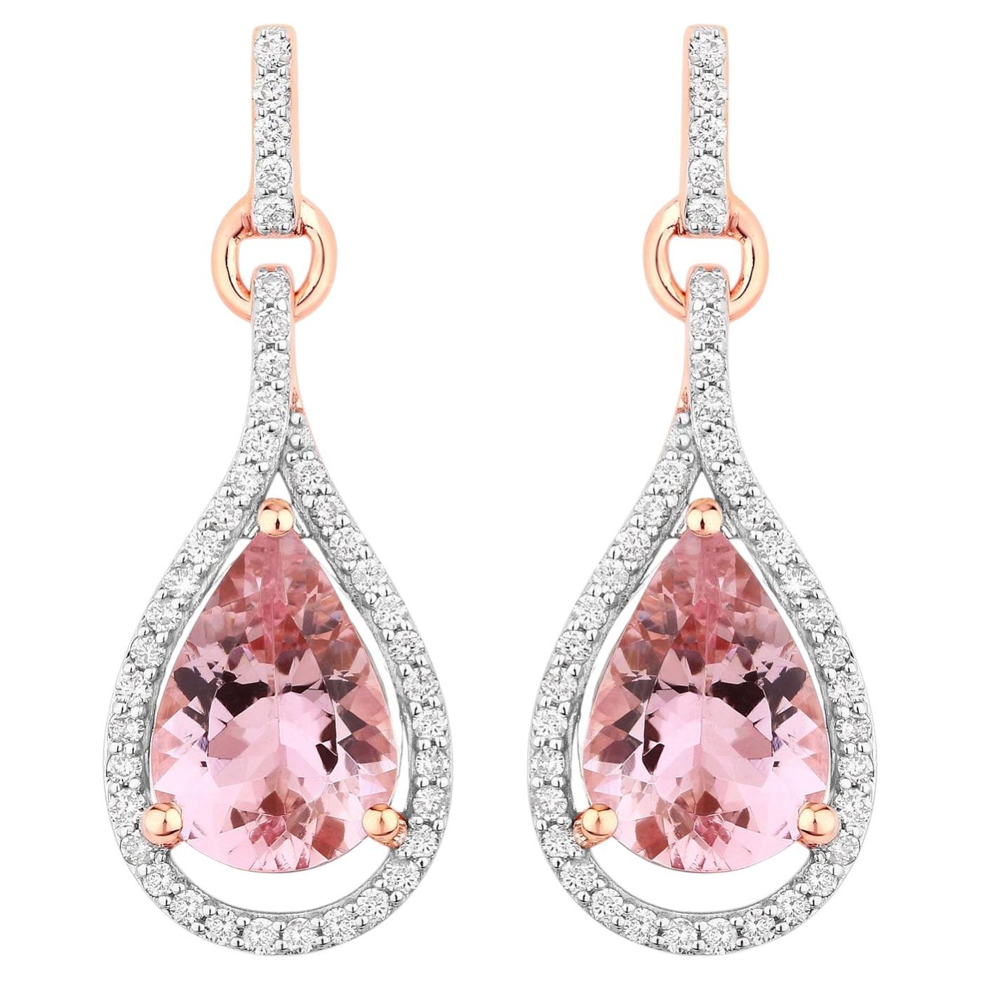 Morganite Earrings With Diamonds 3.32 Carats 14K Rose Gold