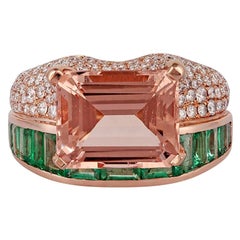 Morganite Emerald Diamond Ring in 18 Karat Rose Gold