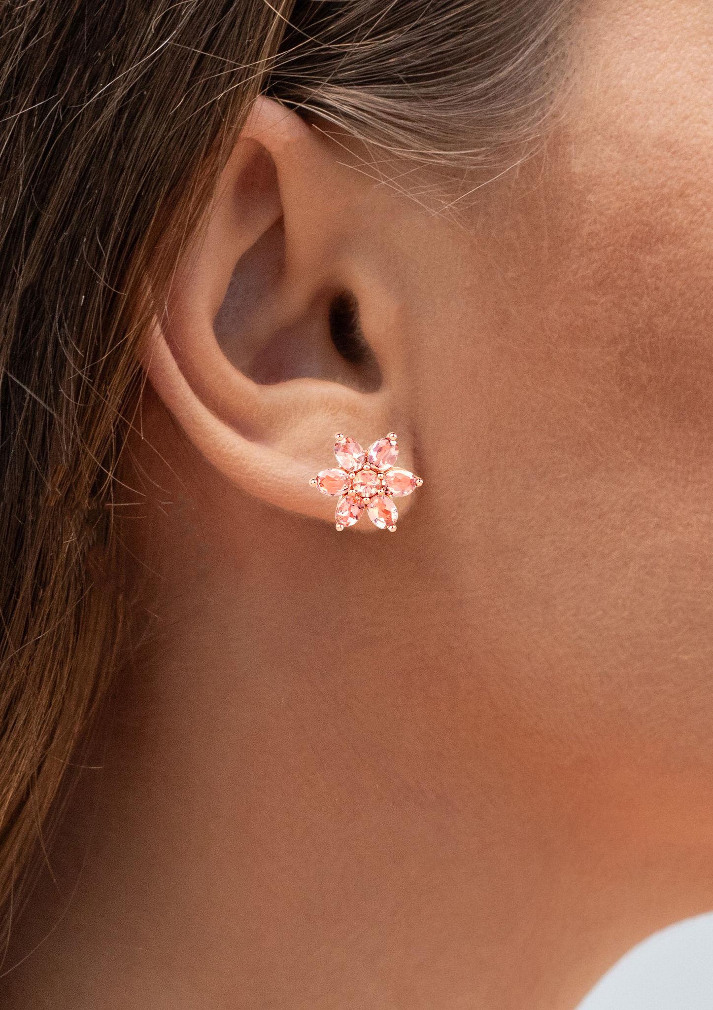 Contemporary Morganite Floral Stud Earrings 1.98 Carats 10K Rose Gold For Sale