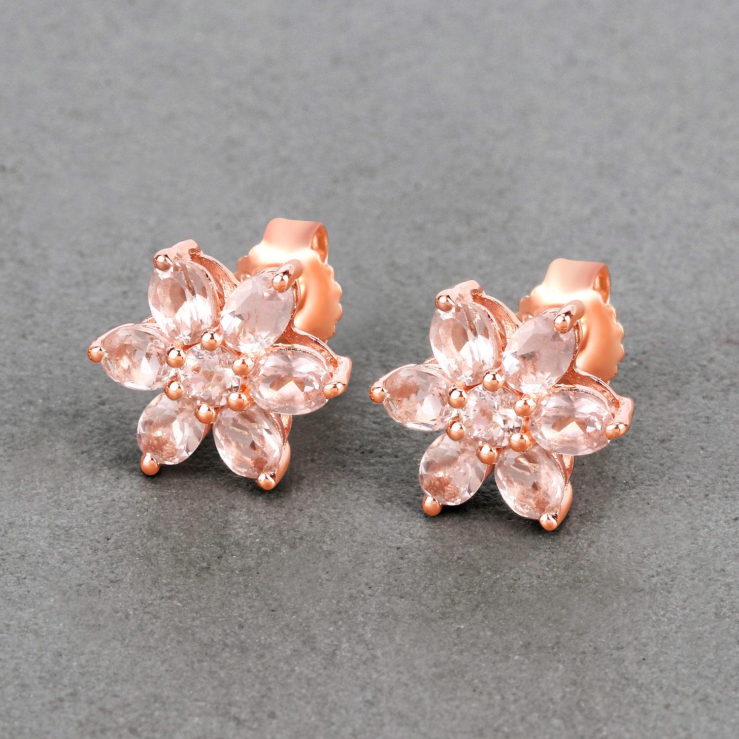 Mixed Cut Morganite Floral Stud Earrings 1.98 Carats 10K Rose Gold For Sale