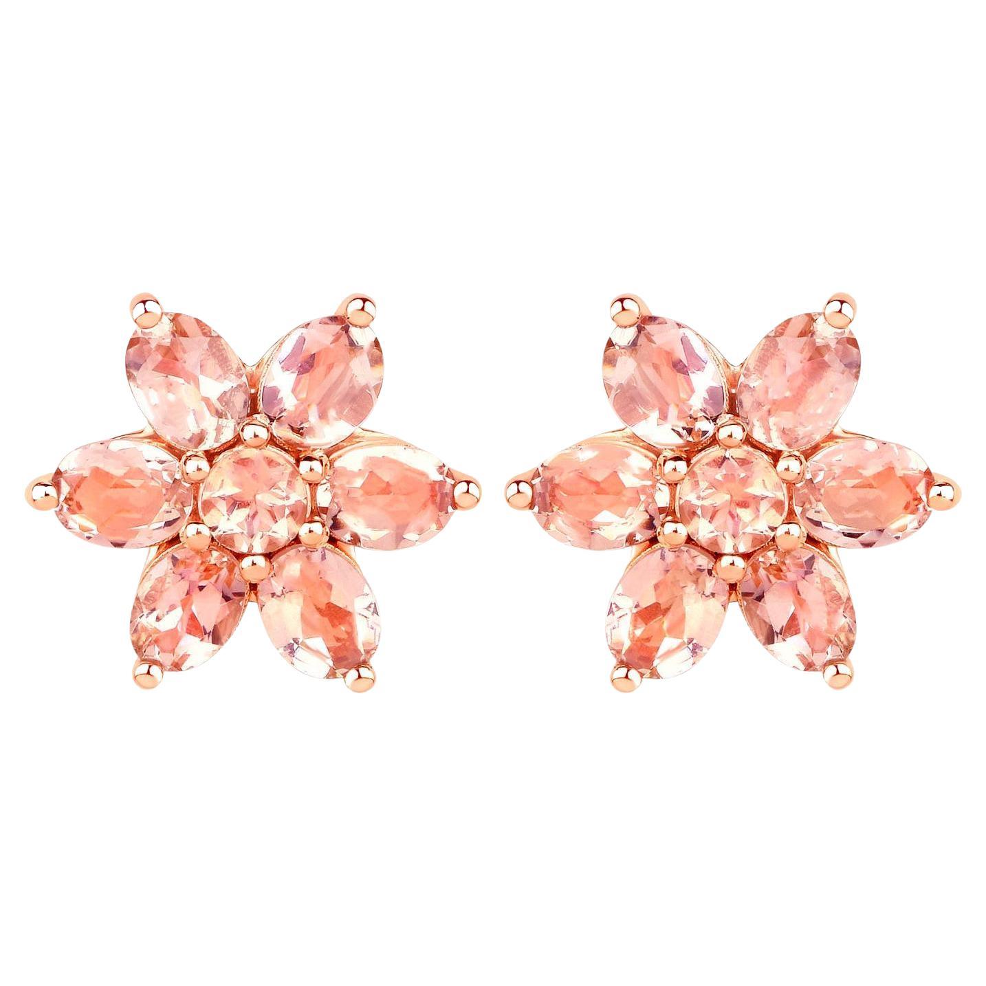 Morganite Floral Stud Earrings 1.98 Carats 10K Rose Gold For Sale
