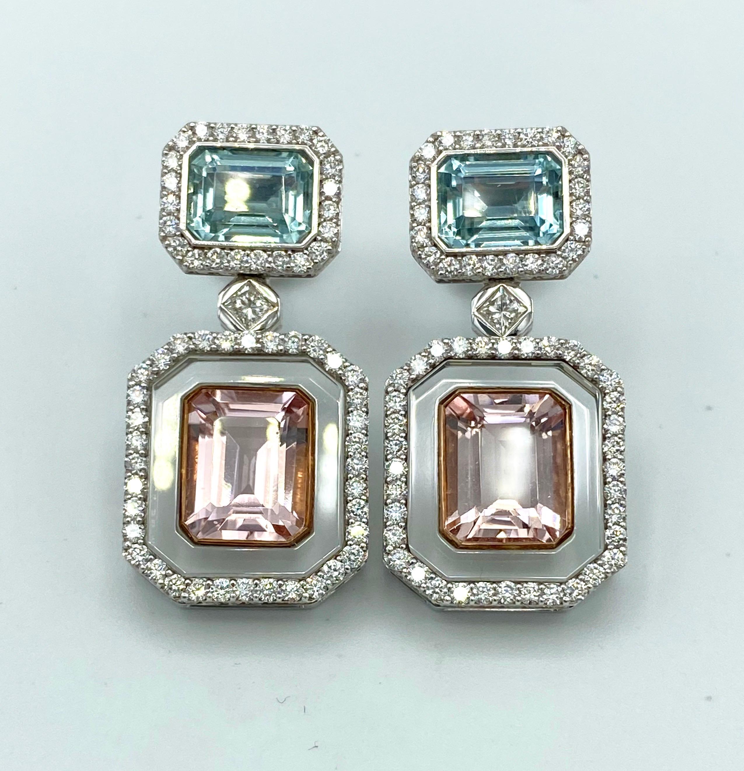 Morganite Green Beryl Diamond 18Kt Gold Rock Crystal Earrings and Jewelry Box For Sale 4