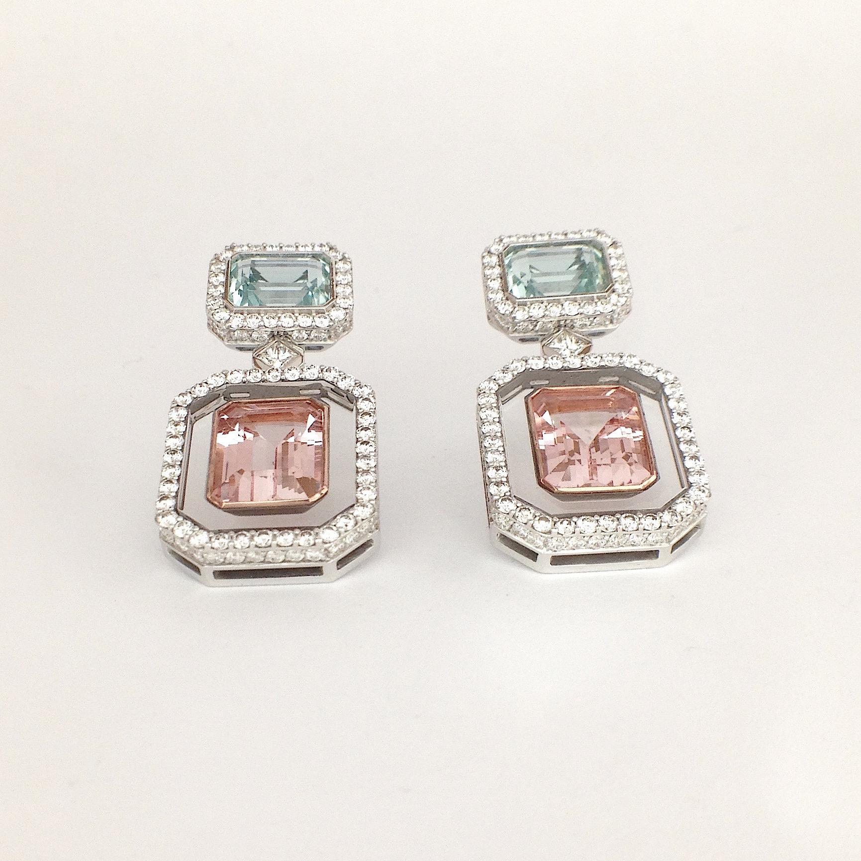 Gemstone Morganite Green Beryl Diamond 18KT Gold Rock Crystal Earrings and Jewelry Box 
These stunning earrings are made of white gold and are composed of three articulated elements.
The upper part has an emerald-cut green beryl, surrounded by white