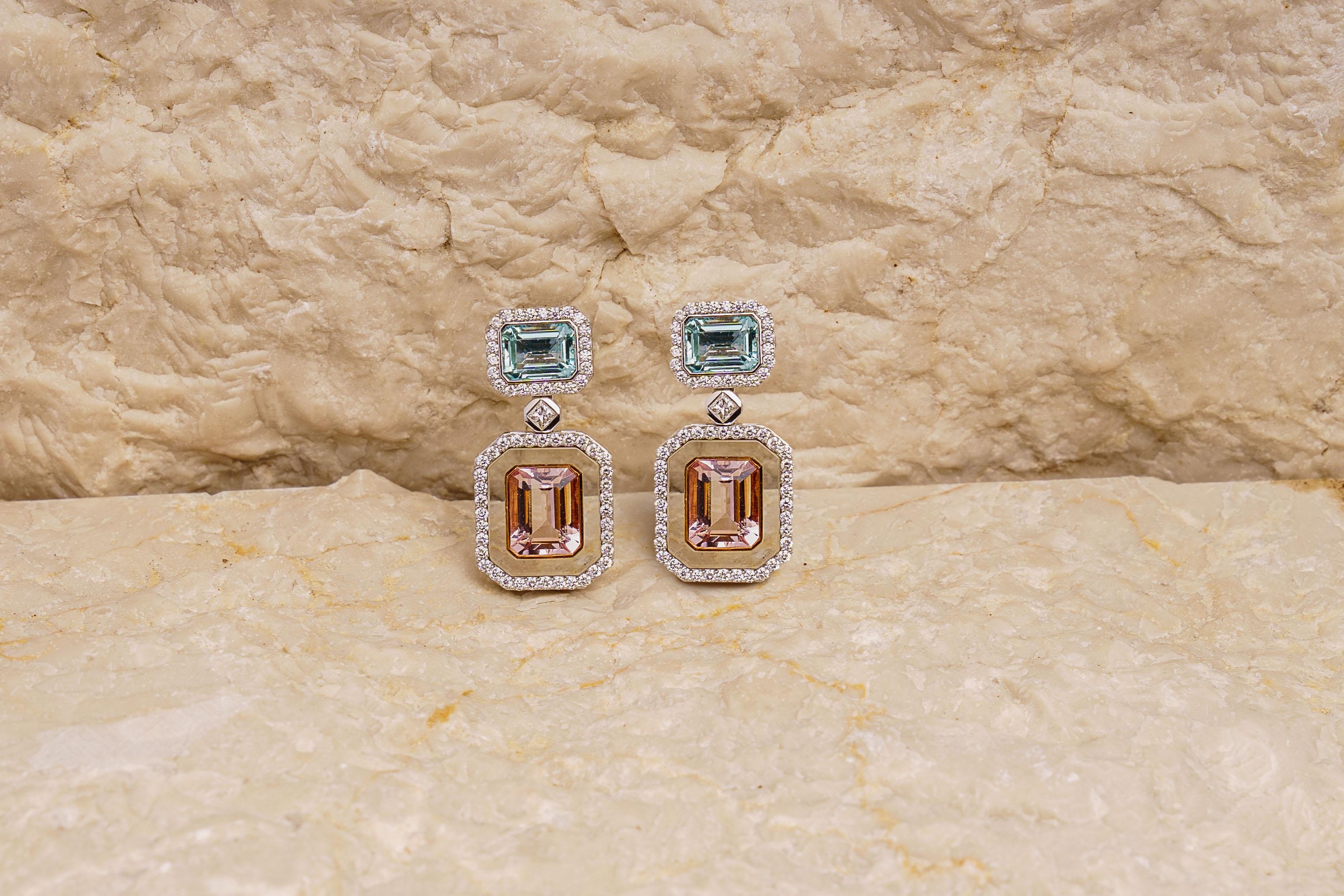 Taglio smeraldo Orecchini di cristallo di rocca in oro 18Kt con berillo verde e morganite e scatola per gioielli in vendita