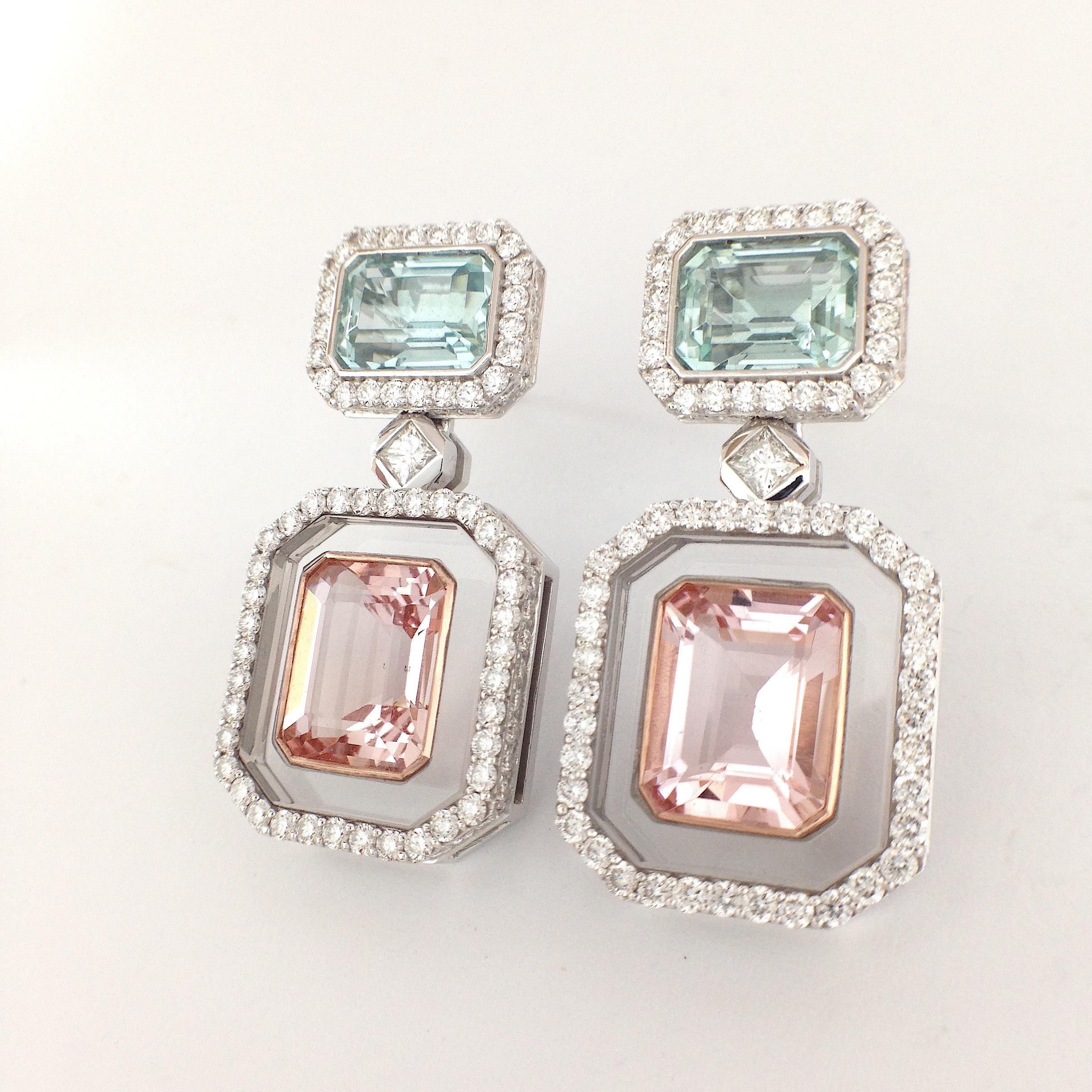 Morganite Green Beryl Diamond 18Kt Gold Rock Crystal Earrings and Jewelry Box In New Condition For Sale In Bussolengo, Verona