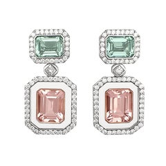 Morganite Green Beryl Diamond 18KT Gold Rock Crystal Earrings and Jewelry Box