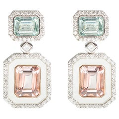 Morganite Green Beryl Diamond 18Kt Gold Rock Crystal Earrings and Jewelry Box