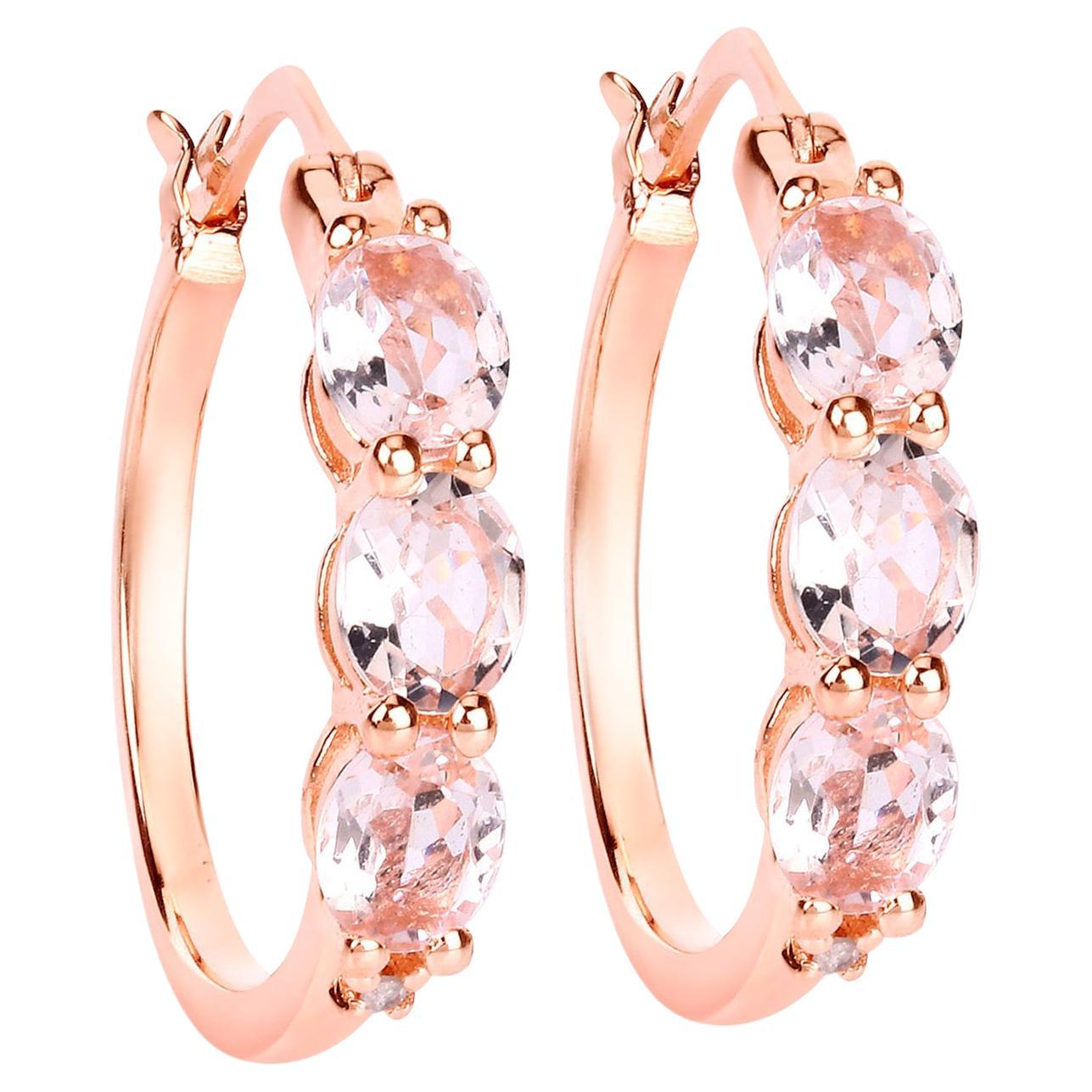 Morganite Hoop Earrings Diamants 1.6 Carats 18K Rose Plated Silver