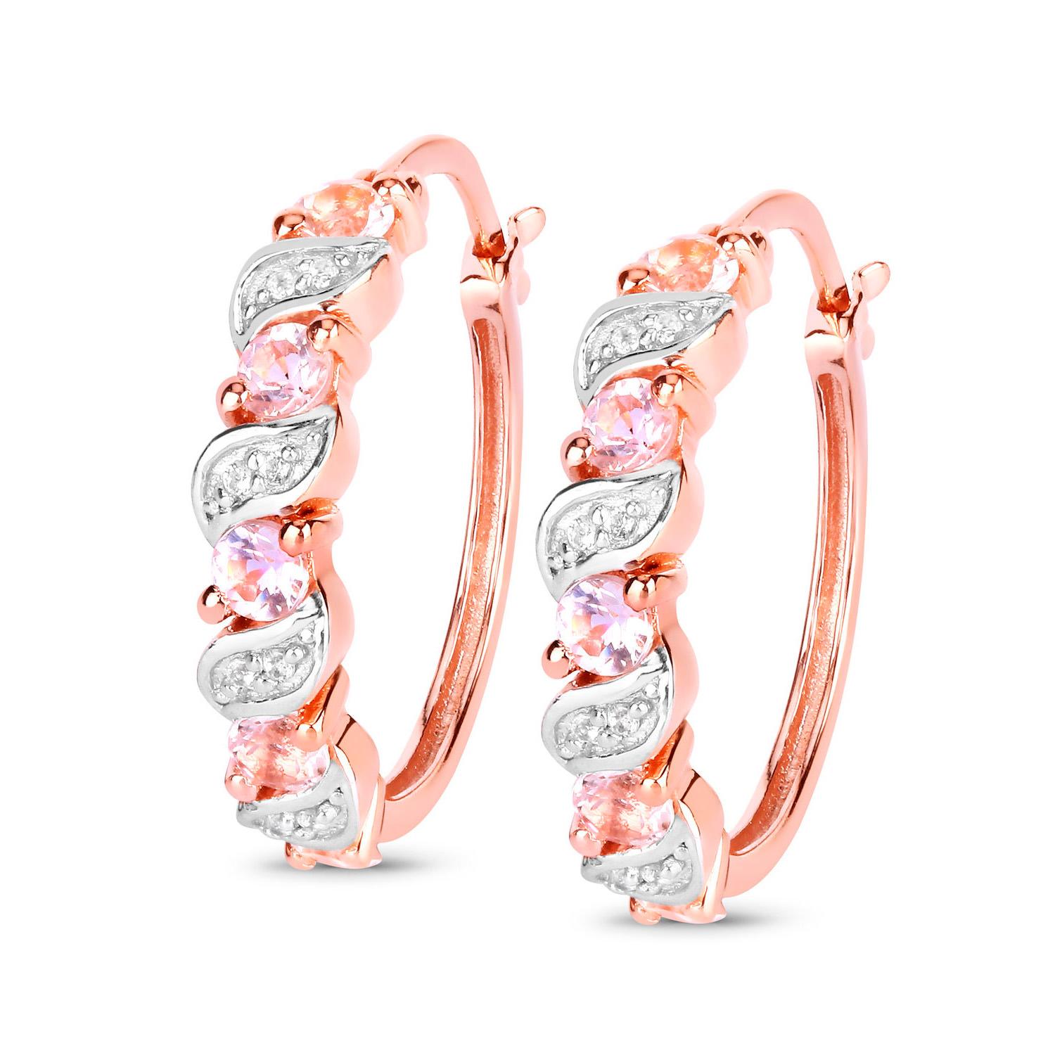 Mixed Cut Morganite Hoop Earrings White Topaz 1.02 Carats 18K Rose Gold Plated Silver For Sale