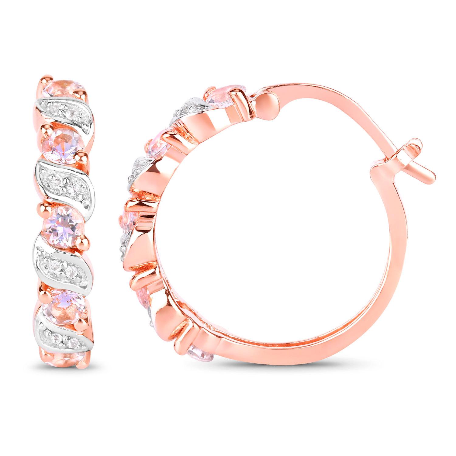 Morganite Hoop Earrings White Topaz 1.02 Carats 18K Rose Gold Plated Silver In Excellent Condition For Sale In Aliso Viejo, CA