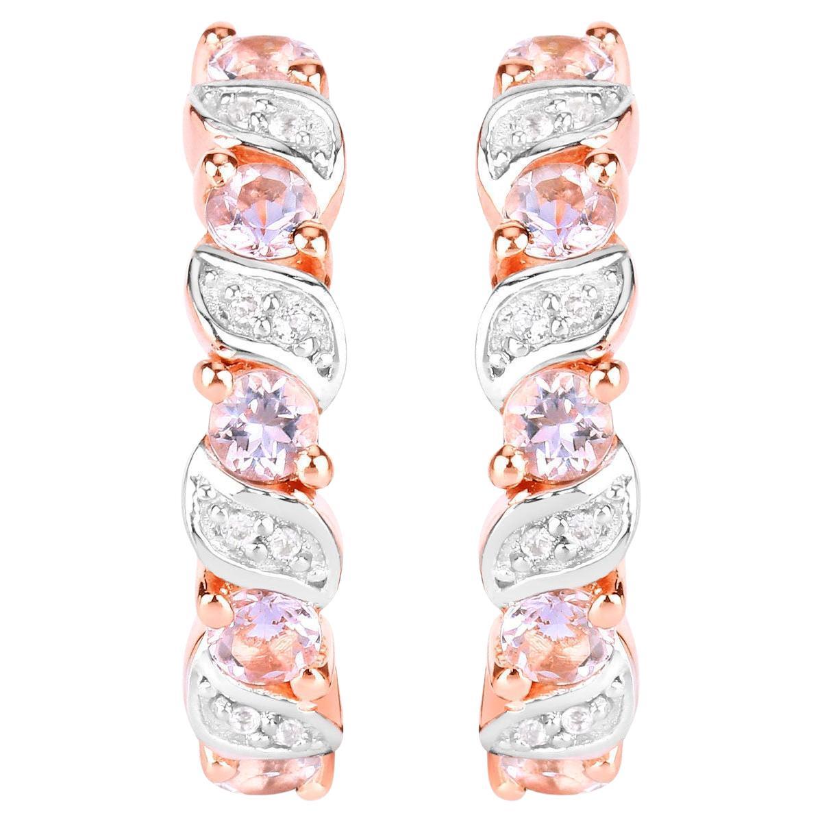 Morganite Hoop Earrings White Topaz 1.02 Carats 18K Rose Gold Plated Silver For Sale