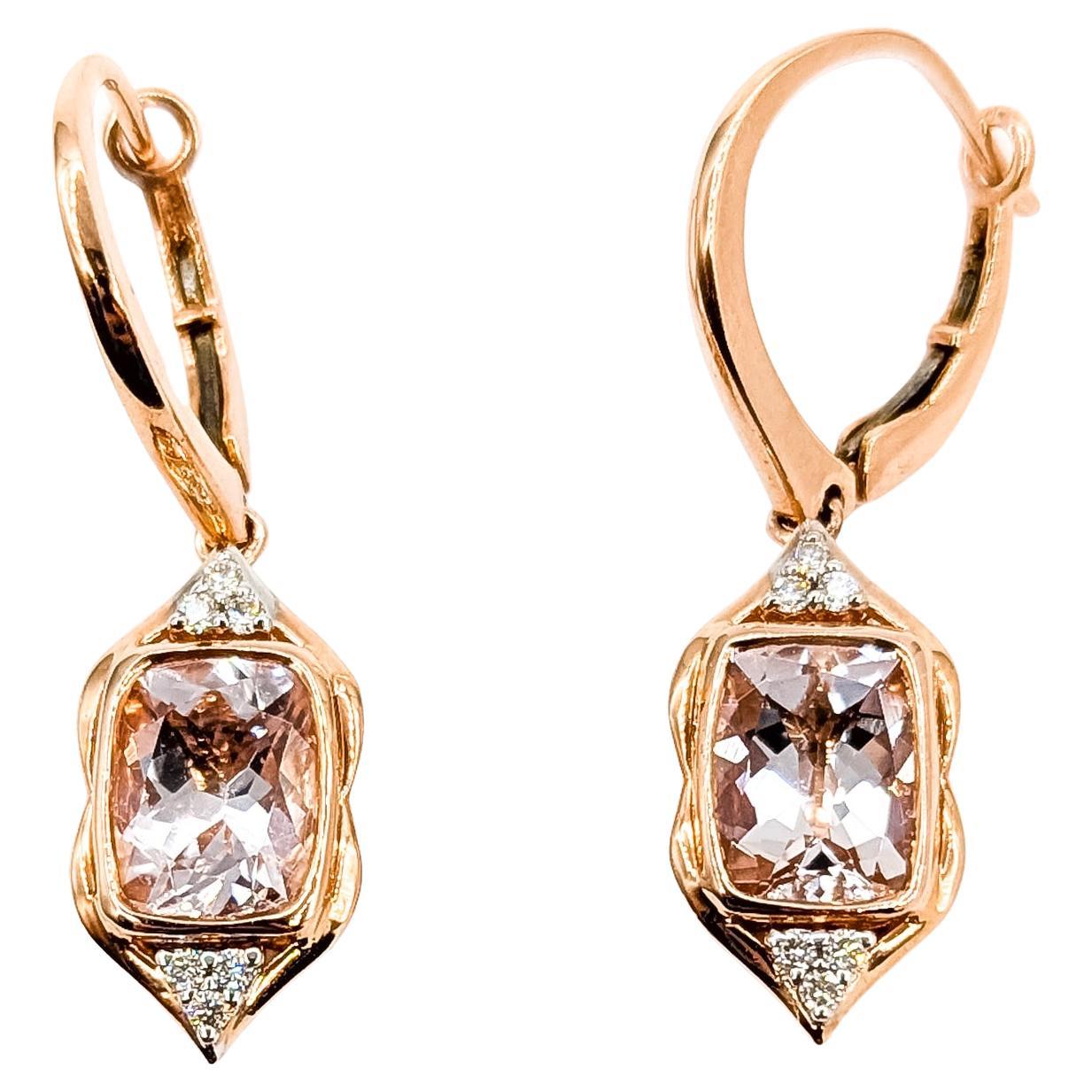 Orecchini pendenti a leva con morganite in oro rosa 14k