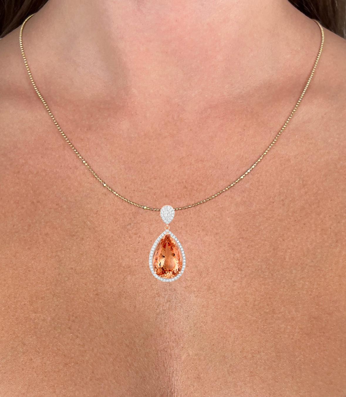 Contemporary Morganite Necklace With Diamond Halo 13.27 Carats 14K Rose Gold For Sale