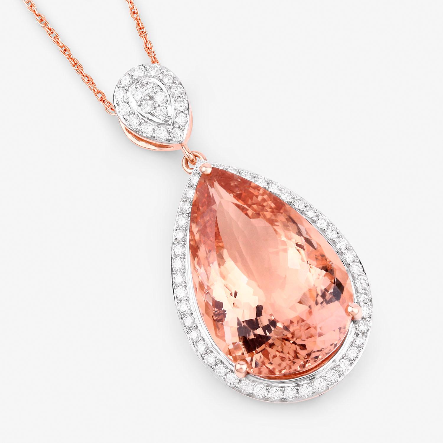 Pear Cut Morganite Necklace With Diamond Halo 13.27 Carats 14K Rose Gold For Sale