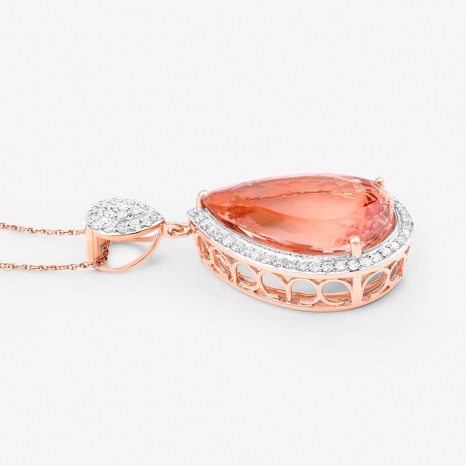 Morganite Necklace With Diamond Halo 13.27 Carats 14K Rose Gold In Excellent Condition For Sale In Laguna Niguel, CA