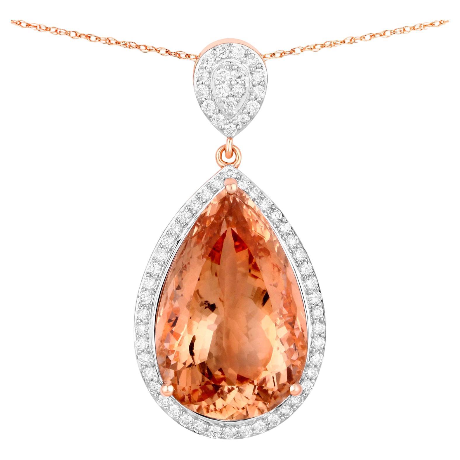 Morganite Necklace With Diamond Halo 13.27 Carats 14K Rose Gold For Sale