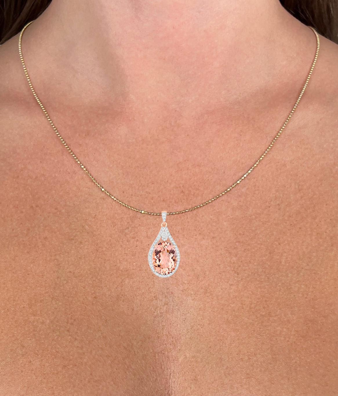 Contemporary Morganite Necklace With Diamonds 9.31 Carats 14K Rose Gold For Sale