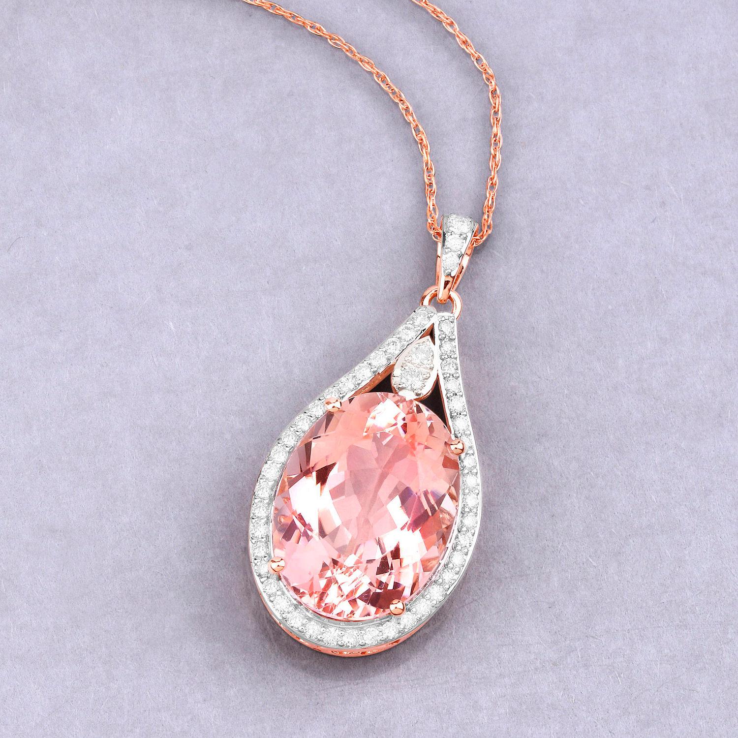 Oval Cut Morganite Necklace With Diamonds 9.31 Carats 14K Rose Gold For Sale