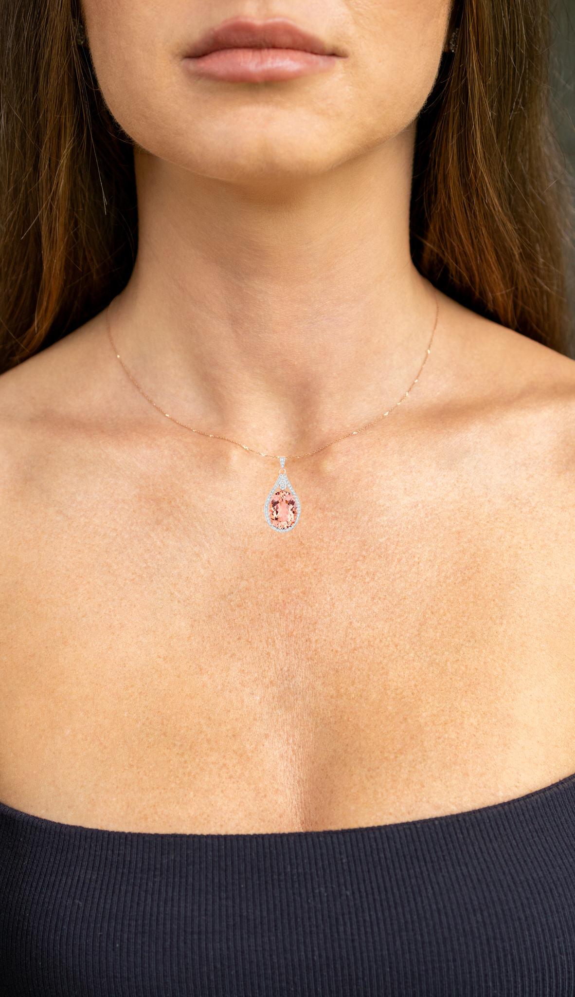 Oval Cut Morganite Necklace With Diamonds 9.31 Carats 14K Rose Gold For Sale