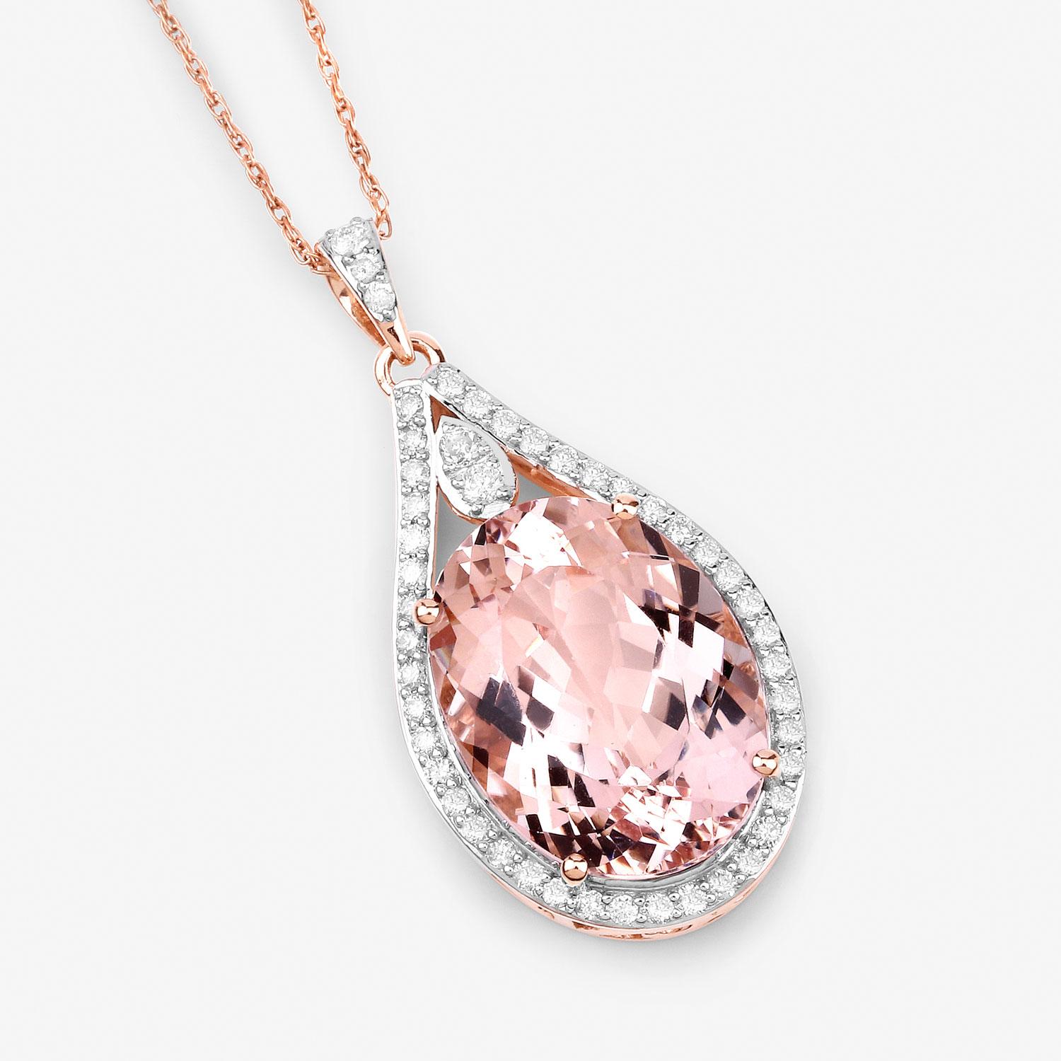 Morganite Necklace With Diamonds 9.31 Carats 14K Rose Gold In Excellent Condition For Sale In Aliso Viejo, CA