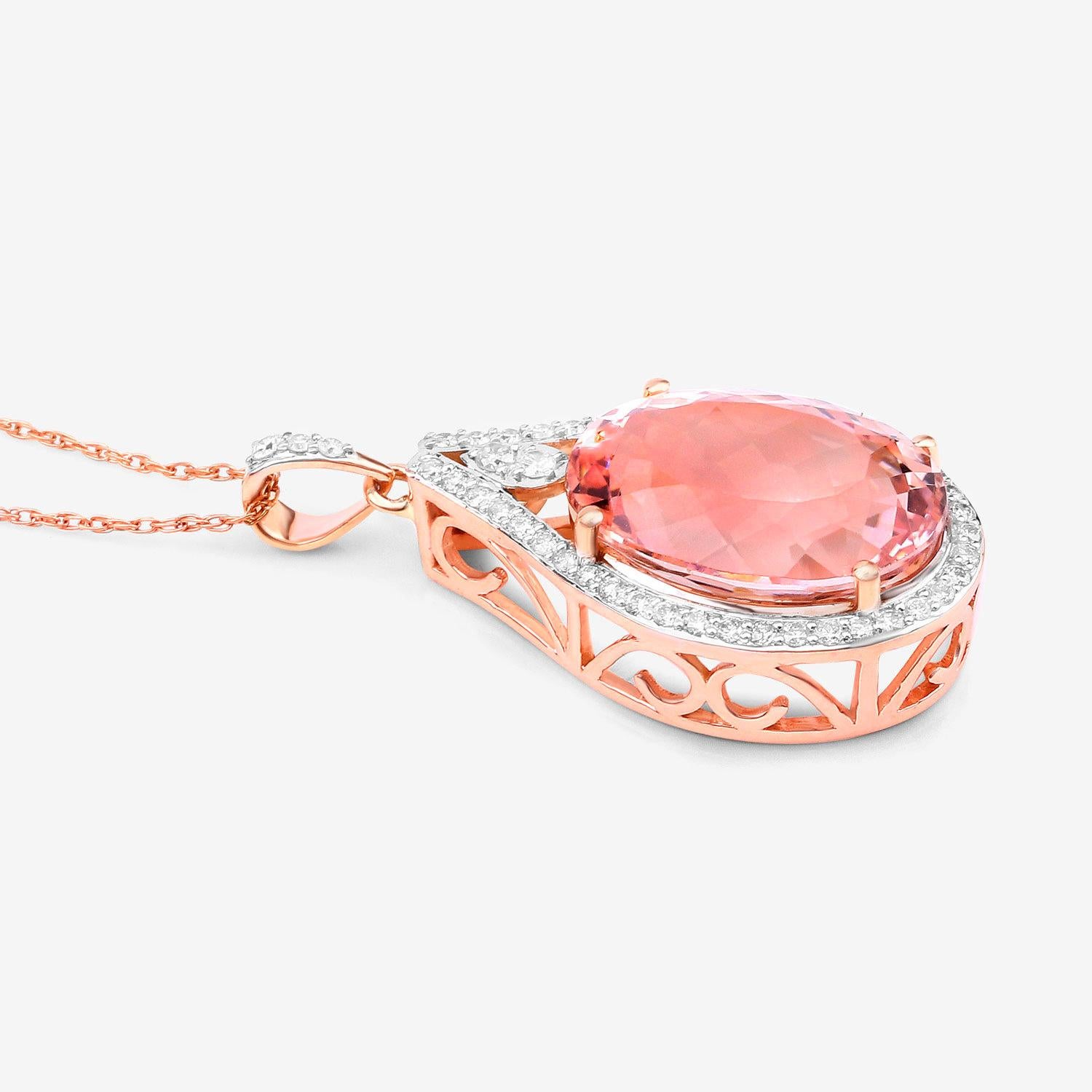 Women's Morganite Necklace With Diamonds 9.31 Carats 14K Rose Gold For Sale