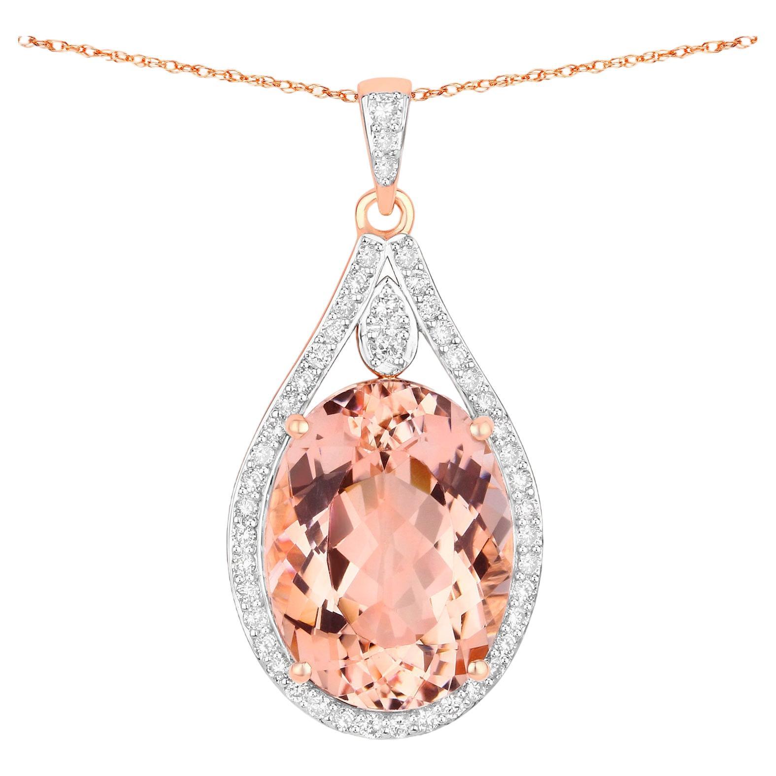 Morganite Necklace With Diamonds 9.31 Carats 14K Rose Gold For Sale