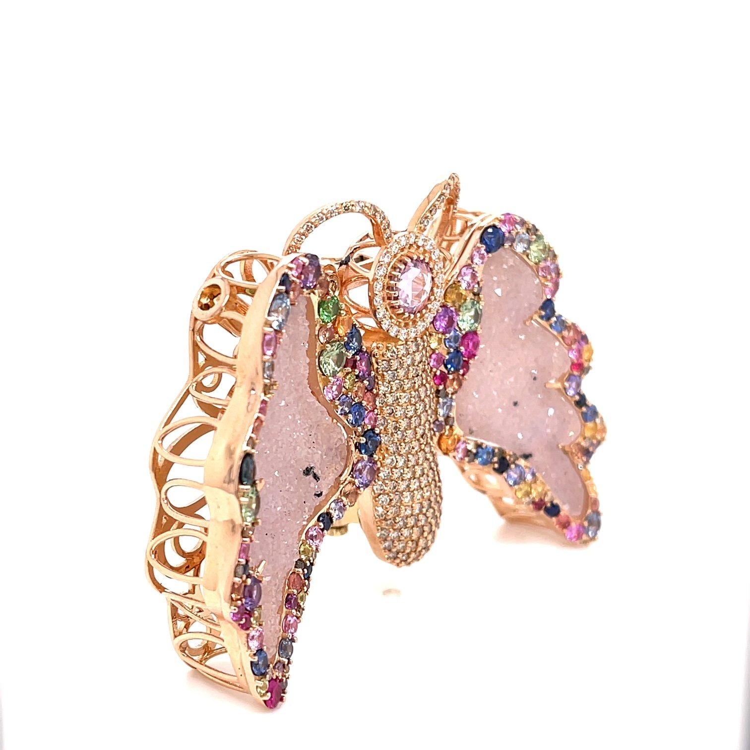 Round Cut Morganite Necklace with Multi Color Gemstone Jubilee Butterfly Clasp and Brooch For Sale