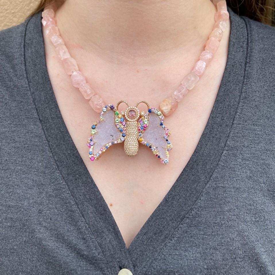 Morganite Necklace with Multi Color Gemstone Jubilee Butterfly Clasp and Brooch For Sale 1