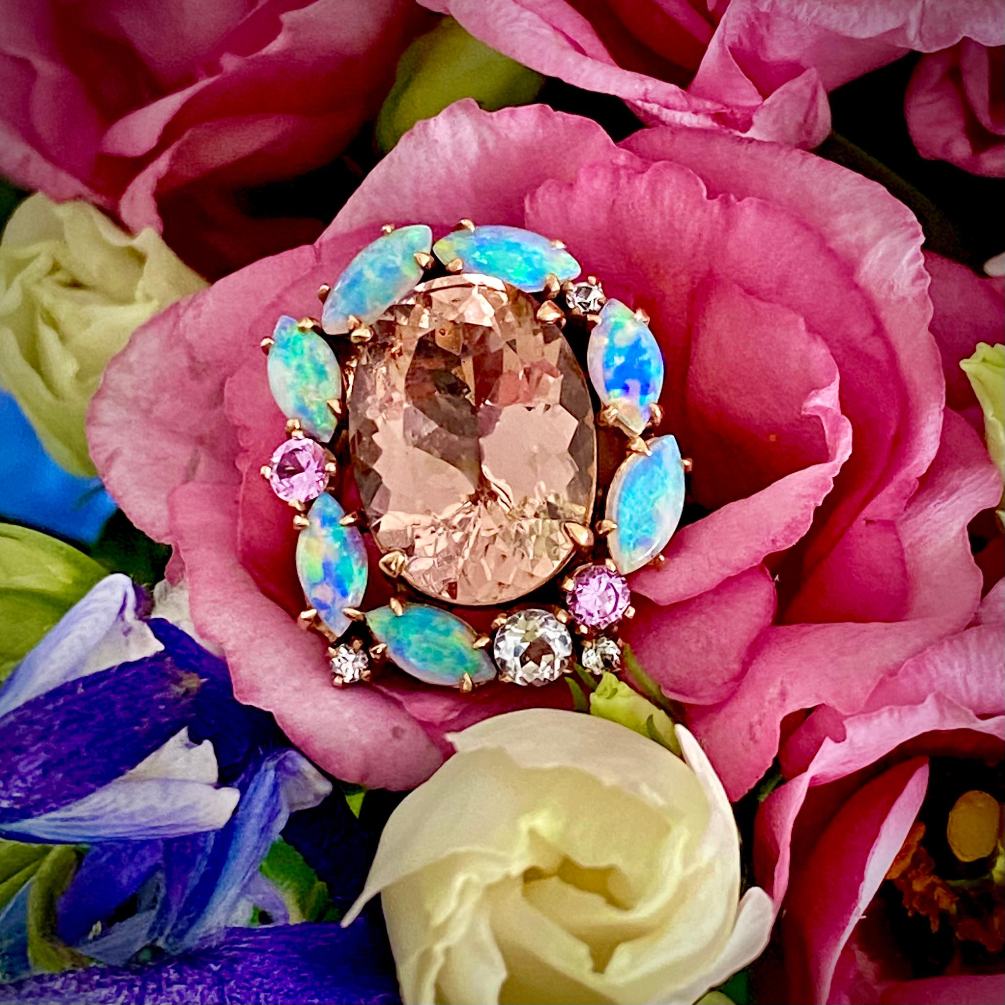 Rose Cut Morganite Opal and Sapphire Cocktail Ring in 18 Karat Rose Gold For Sale