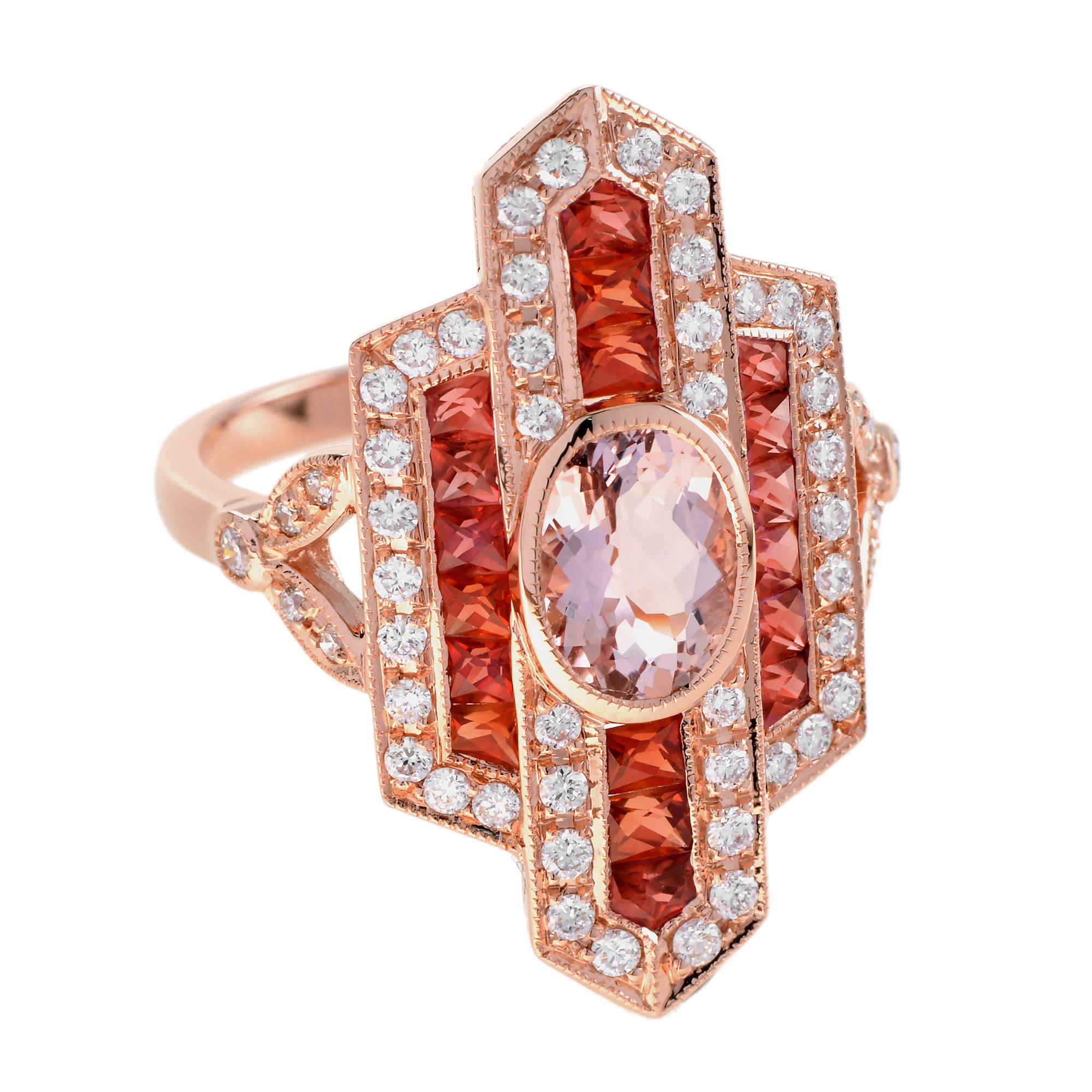 Una bella morganite ovale al centro, affrancata con eleganza da vibranti zaffiri arancioni posizionati sulla parte superiore, inferiore e laterale. Intorno a queste gemme ci sono diamanti brillanti che aggiungono uno scintillio abbagliante e