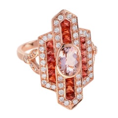 Morganite Orange Sapphire Diamond Art Deco Style Dinner Ring in 14K Rose Gold